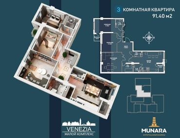 Продажа квартир: 3 комнаты, 91 м², Элитка, 5 этаж, ПСО (под самоотделку)