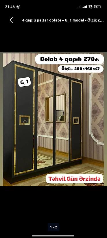 Dolablar: Yeni, 4 qapılı, Güzgülü, Qara, Açılan, Düz dolab — 1