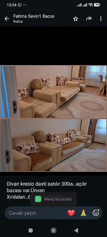 Divan kreslo dəsti satılır 300₼. açılır bazası var.Ünvan