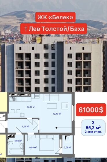 купить квартиру в строящемся доме в бишкеке: 2 комнаты, 55 м², Элитка, 9 этаж, Евроремонт