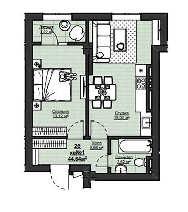 застройщик: 1 комната, 44 м², Асанбай мкр Элитка, 7 этаж, ПСО (под самоотделку) — 2