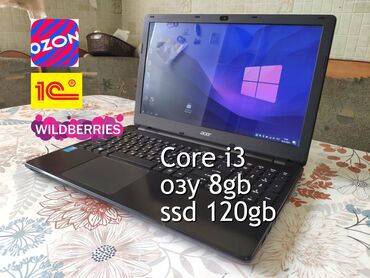 компьютер benq: Ноутбук, Acer, 8 ГБ ОЭТ, Intel Core i3, 15.6 ", Колдонулган, Татаал эмес тапшырмалар үчүн, эс тутум SSD