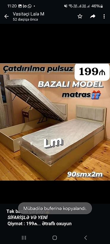 matras yeni: *Tək bazalı çarpayı*👑 _*SİFARİŞLƏ VƏ YENİ*_ *Qiymət : 199₼* Ölçü  — 1