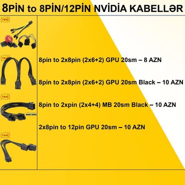 Masaüstü kompüterlər və iş stansiyaları: Kabellər "8pin Original" ⭐8pin to 2x8pin (2x6+2) GPU 20sm – 8 AZN