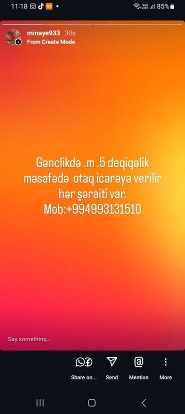 yeni guneslide 5 otaqli evler: Gənclik m. 5dəqiqəlik məsafədə yerləşən otaq icarəyə verilir aylıq 250