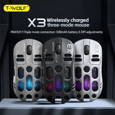 klaviatura gaming: T-WOLF X3 Gaming mouse ●sensor: Paw 3311 ●Qoşulma: Type-C, 2.4G