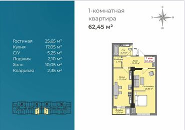 Продажа квартир: 1 комната, 62 м², Элитка, 13 этаж