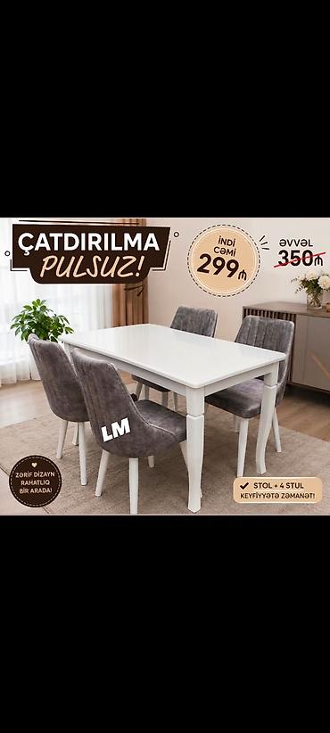 metbex oturacaqlari: Ağ rəngli yemək otağı dəsti – 1 stol + 4 stul - Zərif, minimal dizayn — 1