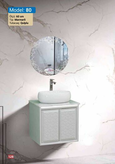 Boşqablar: Model 80 lavabo dəsti mərmər tipli üst hissəyə və qulplu dolaba