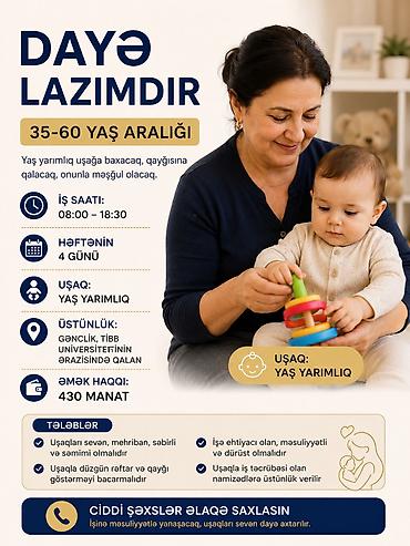 dayəlik: Uşağa baxacaq dayə axtarılır - Yaş aralığı: 35–60 - Uşaq: yaş — 1