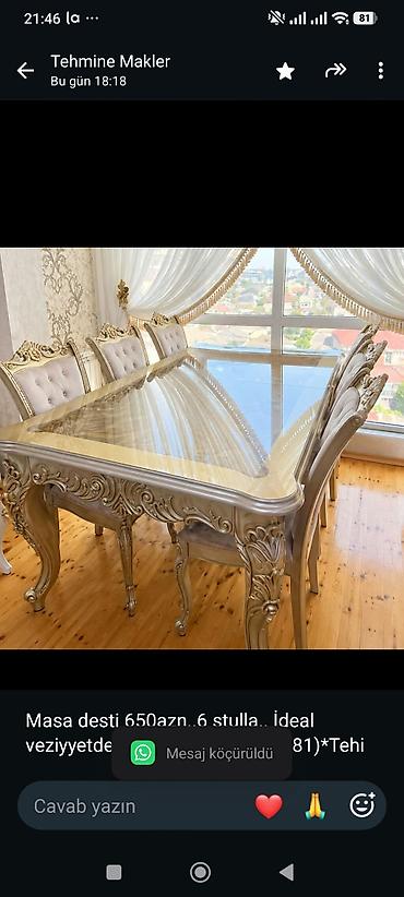 Masa desti 650azn. 6 stulla. İdeal veziyyetde ünvan qaracuxur