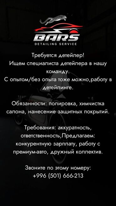 химчистка кавров: Требуется сотрудники в детейлинг сервис Барс. Для позиции