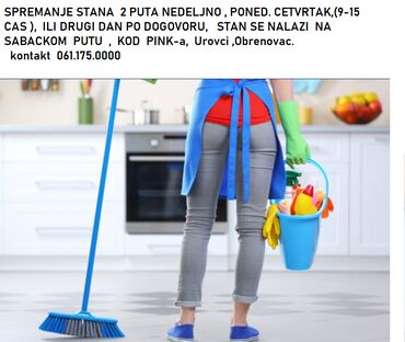 od rastegljivog materijala: Potrebna zena za ciscenje stana, 2 puta nedeljno, od 9-15 h