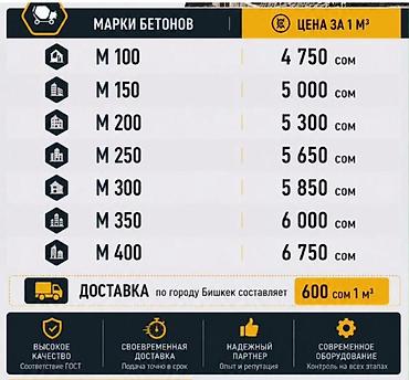 Бетонные смеси (Бишкек) Марки и цены за 1 м³: - М100 — 4 750 сом -