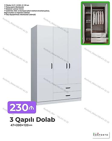 Mebel: 3 qapılı geyim dolabı – 47×200×120 sm Xüsusiyyətlər: - Material: 18 — 1