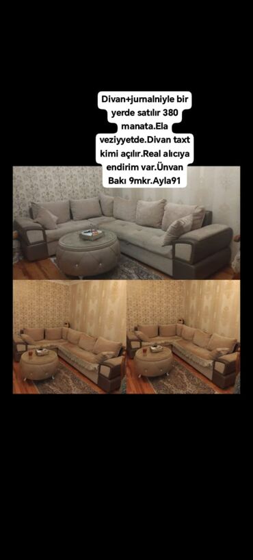 dekorativ əşyalar: Divan+jurnalniyle bir yerde satılır 380 manata.Ela veziyyetde.Divan
