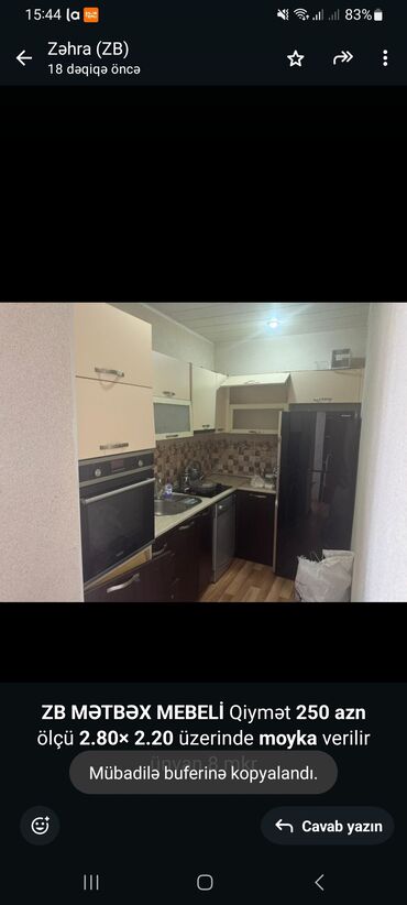 химчистка мебели на дому: *ZB* *MƏTBƏX MEBELİ* Qiymət *250 azn* ölçü *2.80× 2.20* üzerinde