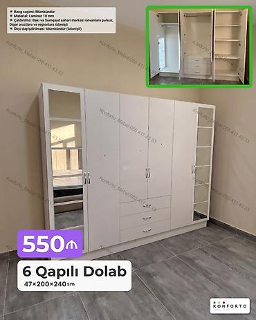 Mebel: 6 qapılı paltar dolabı – ağ rəngdə, güzgülü yan panellərlə. Ölçülər — 1