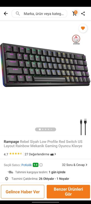 kompyuter alıram: Rampage Rebel Siyah Low Profile Red Switch US Layout Rainbow Mexaniki