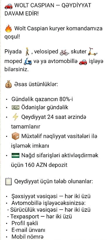 Əməkdaş axtarışı (vakansiyalar): Sürücü-kuryer tələb olunur, Şəxsi nəqliyyat vasitəsi ilə, Gündəlik ödəniş, Təcrübəsiz — 1