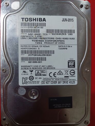 sert disk: Sərt disk (HDD) Toshiba, 1 TB, İşlənmiş