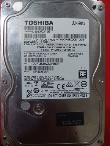 toshiba azerbaijan: Sərt disk (HDD) Toshiba, 1 TB, İşlənmiş