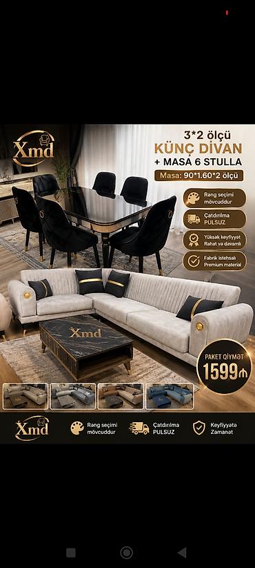 masalar: Xmd mebel dəsti – 3×2 ölçülü künc divan + masa və 6 stul Komplektin — 1