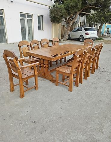 işlenmiş taxta: Taxta yemək dəsti – böyük ölçülü masa və 10 ədəd stul - Material: tam — 1
