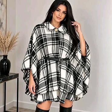 Pončo: Ženska karirana pončo-haljina sa kaišem - Model: elegantni pončo kroj — 3