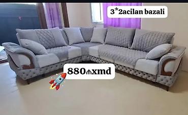 kohnə divan: Künc divan dəsti – 3x2 açılan, bazalı model. - Rəng: Açıq boz - — 1