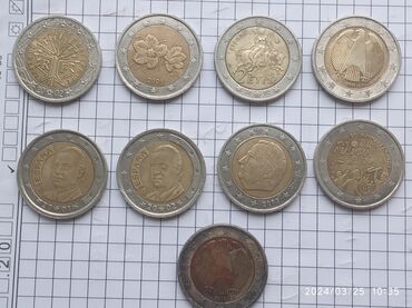 Монеты: 2 avro.monetləri. ayrı ayrı ölkələrin. sadəcə birinin görünüşü biraz