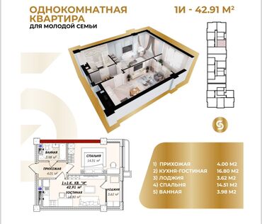 квартира под бизнес: 1 комната, 43 м², Элитка, 10 этаж, ПСО (под самоотделку)