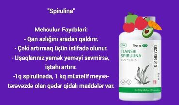 Vitaminlər və BAƏ: "Spirulina" Məhsulun Faydaları: - Qan azlığını aradan qaldırır. - Çəki