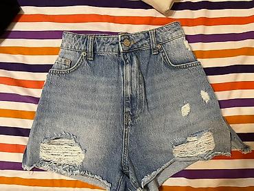 Şortlar: Yüksək belli cins şort. - Açıq mavi, yüngül solğun effektli denim - — 1