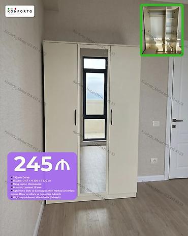 3 qapılı şkaf – laminit 18 mm Ölçülər: dərinlik 47 sm × hündürlük 200