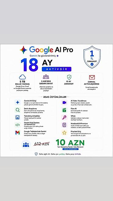 Google AI Pro 18 aylıq Xidmət məzmunu: - Aktivlik müddəti: 18 ay - lalafo.az -da Google AI Pro 18 aylıq Xidmət məzmunu: - Aktivlik müddəti: 18 ay -