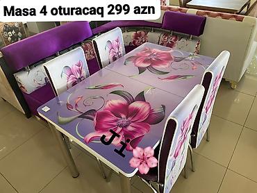 masa metbext: - Məhsul: Yemək masası və 4 ədəd oturacaq - Qiymət: 299 AZN (şəkildə — 1