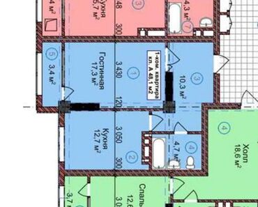 3 комнатная квартира в бишкеке: 1 комната, 48 м², Элитка, 6 этаж, ПСО (под самоотделку)