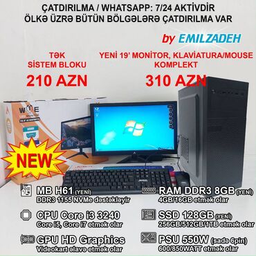 kamputer alışı: Masaüstü Kompüter "ATX 320-2 DDR3 1155 H61/Core i3 3240/8GB Ram/128GB