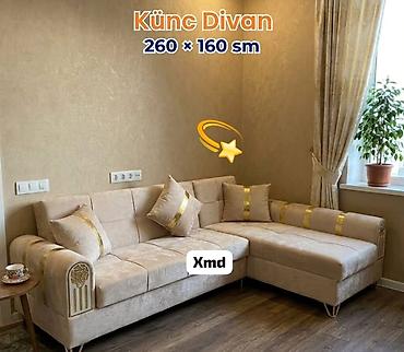 künc kabinet: Künc divan – 260 × 160 sm - Zərif bej rəngli, qızılı dekor zolaqları — 1