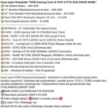 Masaüstü kompüterlər və iş stansiyaları: Oyun üçün Kompüter "RGB Gaming Core i5 3470 GT730 2GB 256GB NVME” ⭐Tək — 3