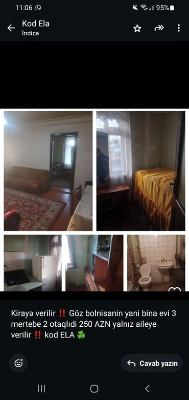 İdman qidaları: Kirayə verilir ‼️ Göz bolnisanin yani bina evi 3 mertebe 2 otaqlıdi