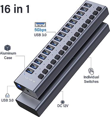 canon printer usb kabel: ACASIS 16-Port USB 3.0 Hub – yüksək tutumlu masaüstü USB bölücü - 16 — 5