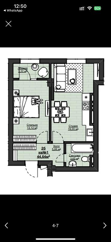 асанбай сити: 1 комната, 45 м², Асанбай мкр Элитка, 6 этаж, ПСО (под самоотделку) — 5