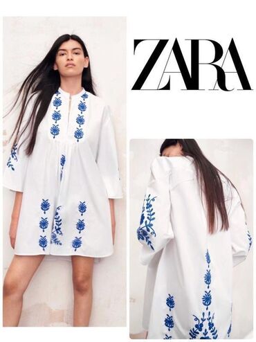 платье лапша с пуговицами: Белое свободное платье в вышивку хлопок от Zara, 100% хлопок. Платье с