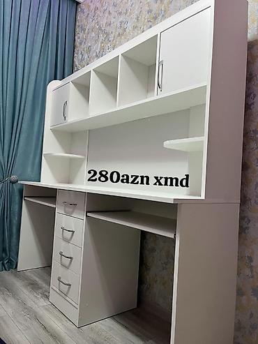 stol mebel: Yazı masası və üst rəfli çoxfunksiyalı iş/oxu komplekti. Ağ rəngdə — 1