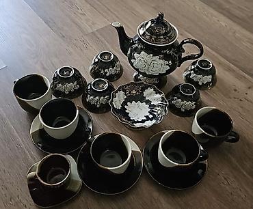 Чайный сервиз, фарфор, чёрно-белая гамма с золотистыми акцентами и