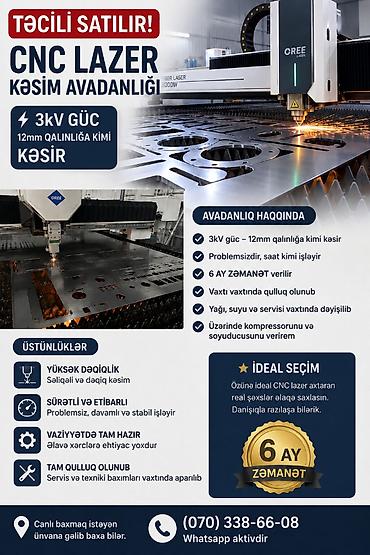 Инструменты: 🔴 TƏCİLİ SATILIR — CNC LAZER KƏSİM DƏZGAHI ⚙️ 3 kV güc 📏 12 mm — 1