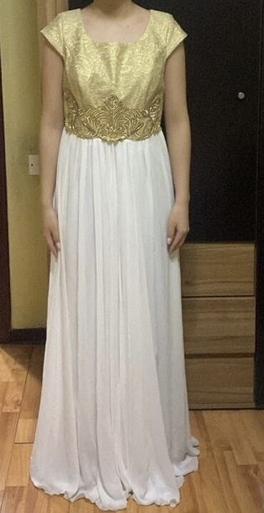 белый платье: Вечернее платье, А-силуэт, Длинная модель, Шифон, Без рукавов, С пайетками, XL (EU 42)