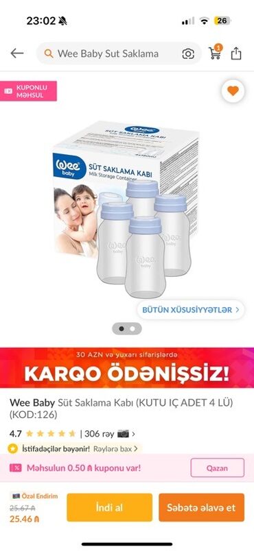 Wee Baby brendindən süd saxlama qabı dəsti. 2 ededi istifade olunub